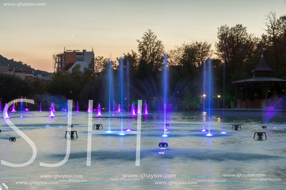 PLOVDIV, BULGARIA - SEPTEMBER 3, 2016:  Night panorama of Singing Fountains in City of Plovdiv, Bulgaria