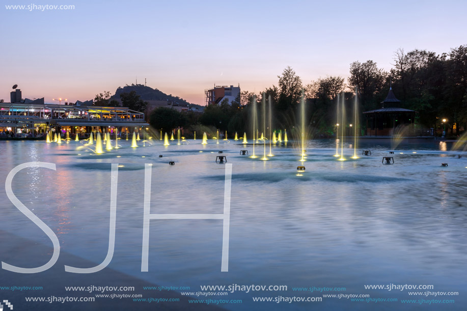 PLOVDIV, BULGARIA - SEPTEMBER 3, 2016:  Night panorama of Singing Fountains in City of Plovdiv, Bulgaria