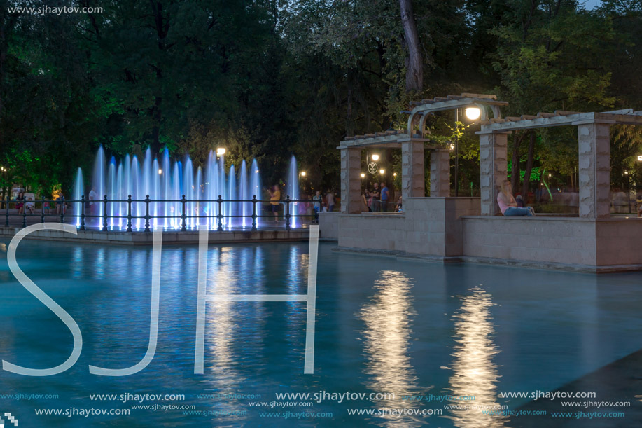 PLOVDIV, BULGARIA - SEPTEMBER 3, 2016:  Night panorama of Singing Fountains in City of Plovdiv, Bulgaria