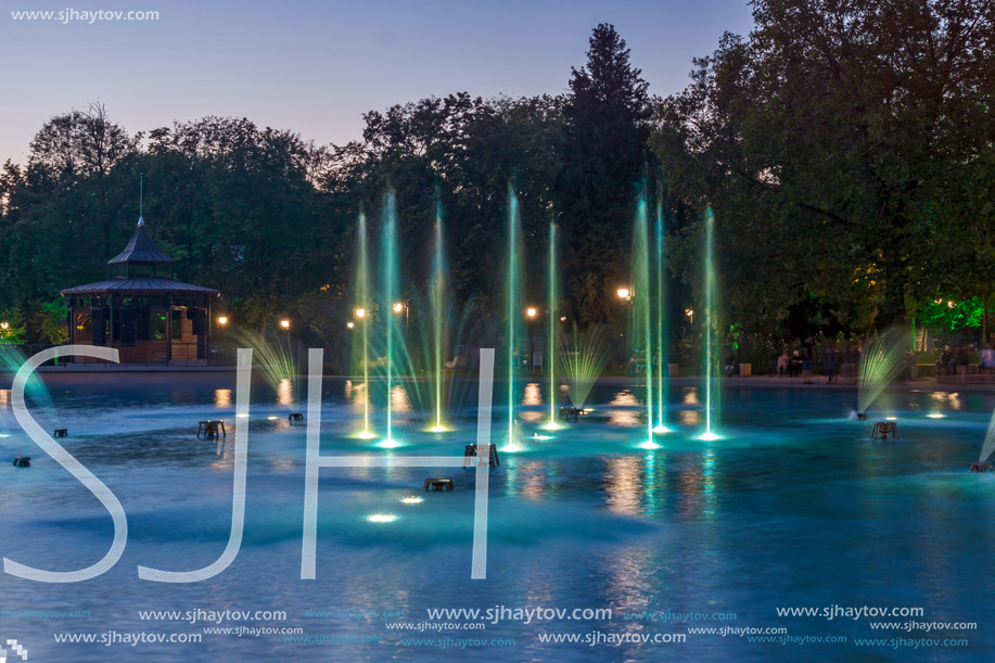 PLOVDIV, BULGARIA - SEPTEMBER 3, 2016:  Night panorama of Singing Fountains in City of Plovdiv, Bulgaria