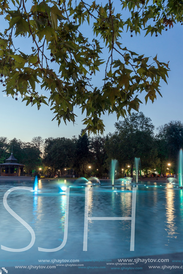 PLOVDIV, BULGARIA - SEPTEMBER 3, 2016:  Night panorama of Singing Fountains in City of Plovdiv, Bulgaria