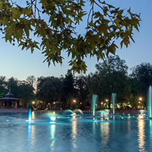 PLOVDIV, BULGARIA - SEPTEMBER 3, 2016:  Night panorama of Singing Fountains in City of Plovdiv, Bulgaria