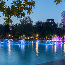 PLOVDIV, BULGARIA - SEPTEMBER 3, 2016:  Night panorama of Singing Fountains in City of Plovdiv, Bulgaria