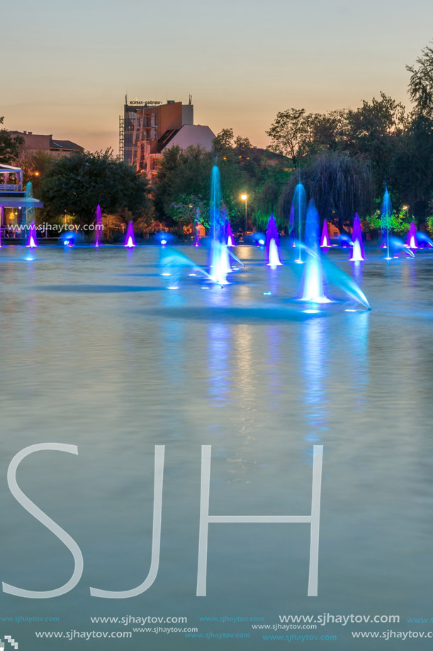 PLOVDIV, BULGARIA - SEPTEMBER 3, 2016:  Night panorama of Singing Fountains in City of Plovdiv, Bulgaria