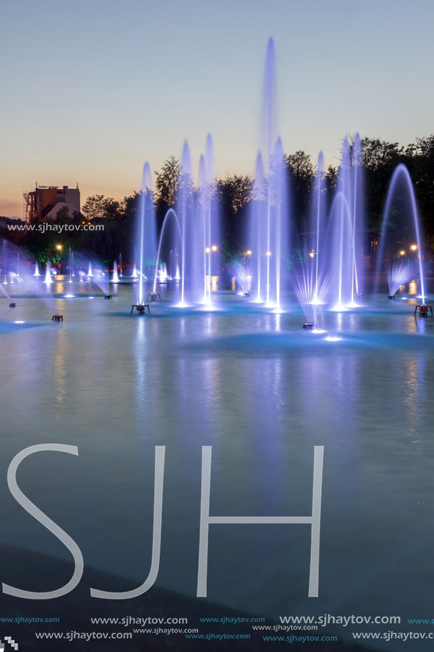 PLOVDIV, BULGARIA - SEPTEMBER 3, 2016:  Night panorama of Singing Fountains in City of Plovdiv, Bulgaria