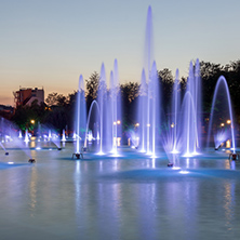 PLOVDIV, BULGARIA - SEPTEMBER 3, 2016:  Night panorama of Singing Fountains in City of Plovdiv, Bulgaria