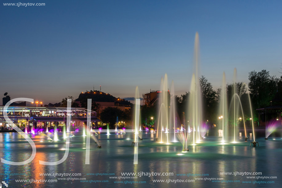 PLOVDIV, BULGARIA - SEPTEMBER 3, 2016:  Night panorama of Singing Fountains in City of Plovdiv, Bulgaria