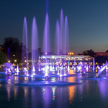 PLOVDIV, BULGARIA - SEPTEMBER 3, 2016:  Night panorama of Singing Fountains in City of Plovdiv, Bulgaria