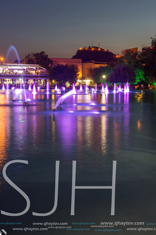 PLOVDIV, BULGARIA - SEPTEMBER 3, 2016:  Night panorama of Singing Fountains in City of Plovdiv, Bulgaria