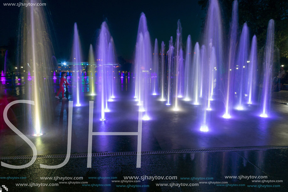 PLOVDIV, BULGARIA - SEPTEMBER 3, 2016:  Night panorama of Singing Fountains in City of Plovdiv, Bulgaria