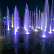 PLOVDIV, BULGARIA - SEPTEMBER 3, 2016:  Night panorama of Singing Fountains in City of Plovdiv, Bulgaria