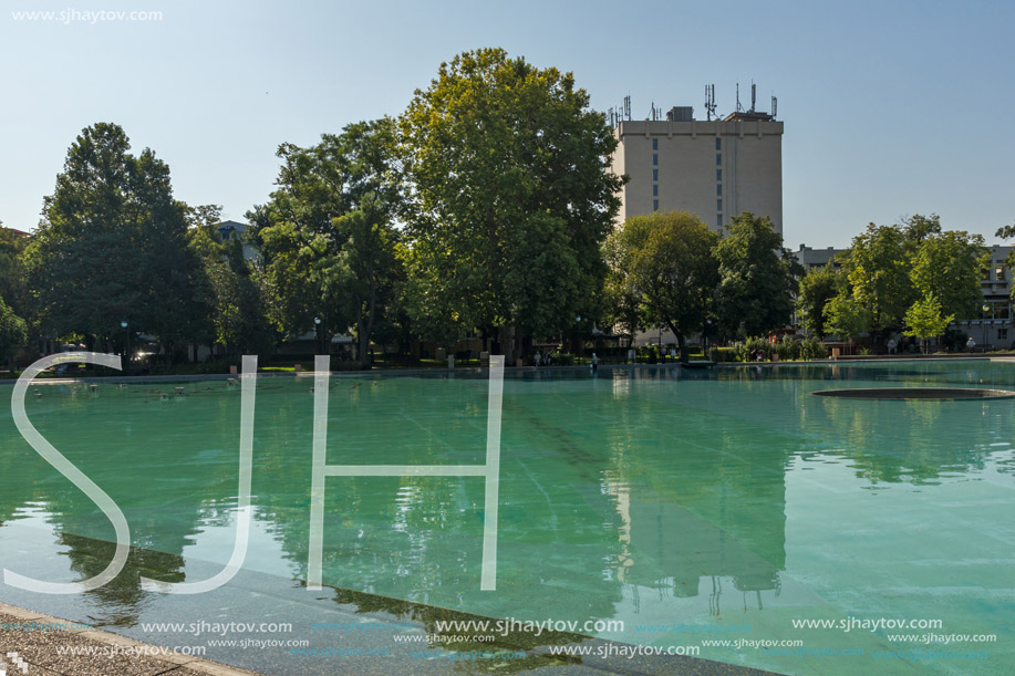 PLOVDIV, BULGARIA - SEPTEMBER 1, 2017:  Panoramic view  of Singing Fountains in City of Plovdiv, Bulgaria