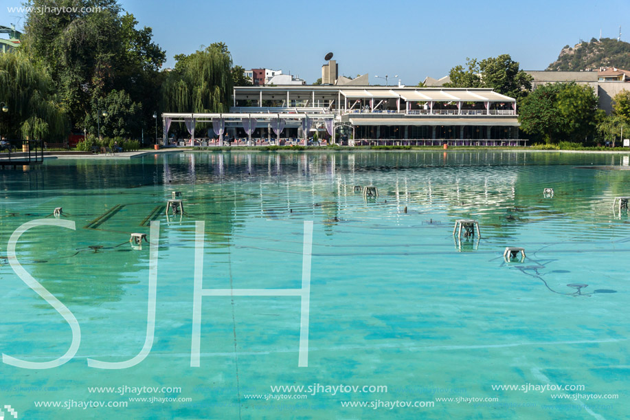 PLOVDIV, BULGARIA - SEPTEMBER 1, 2017:  Panoramic view  of Singing Fountains in City of Plovdiv, Bulgaria