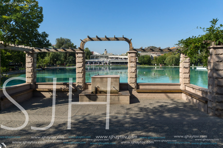 PLOVDIV, BULGARIA - SEPTEMBER 1, 2017:  Panoramic view  of Singing Fountains in City of Plovdiv, Bulgaria