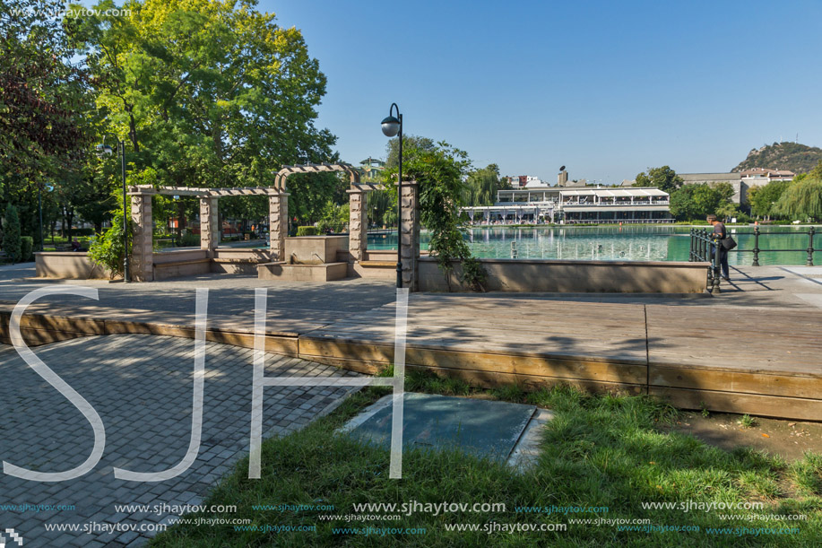 PLOVDIV, BULGARIA - SEPTEMBER 1, 2017:  Panoramic view  of Singing Fountains in City of Plovdiv, Bulgaria