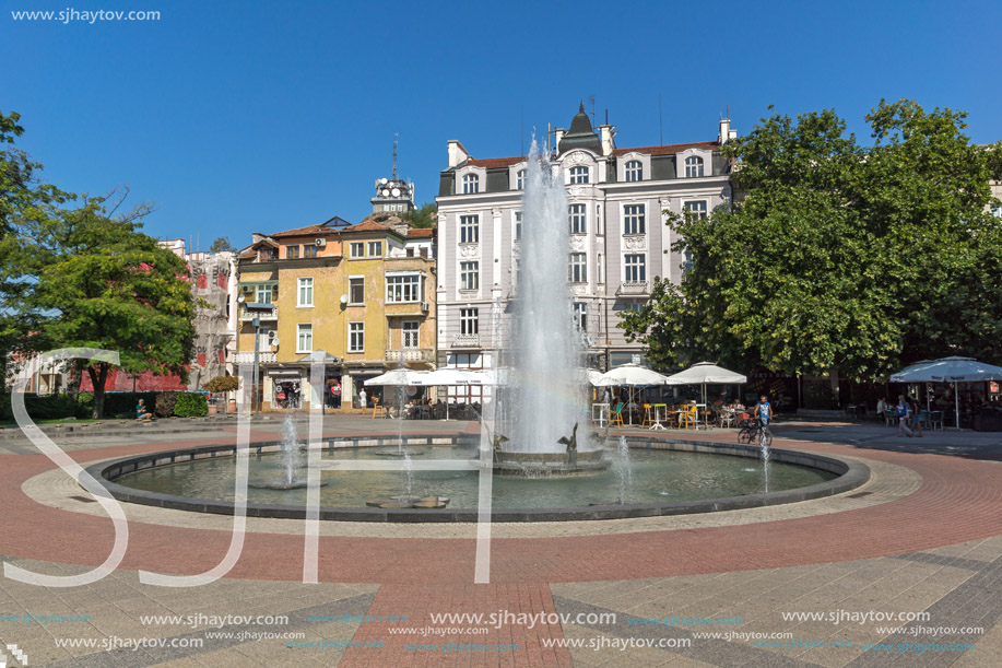 PLOVDIV, BULGARIA - SEPTEMBER 1, 2017:  Panoramic view of cental street and fountain in front of City hall in city of Plovdiv, Bulgaria
