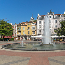 PLOVDIV, BULGARIA - SEPTEMBER 1, 2017:  Panoramic view of cental street and fountain in front of City hall in city of Plovdiv, Bulgaria