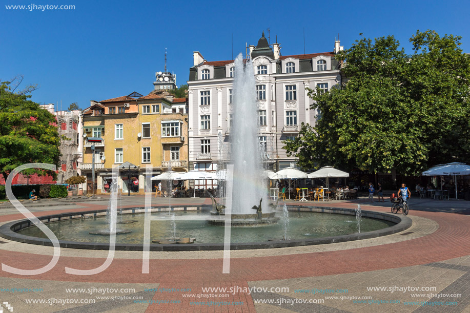 PLOVDIV, BULGARIA - SEPTEMBER 1, 2017:  Panoramic view of cental street and fountain in front of City hall in city of Plovdiv, Bulgaria