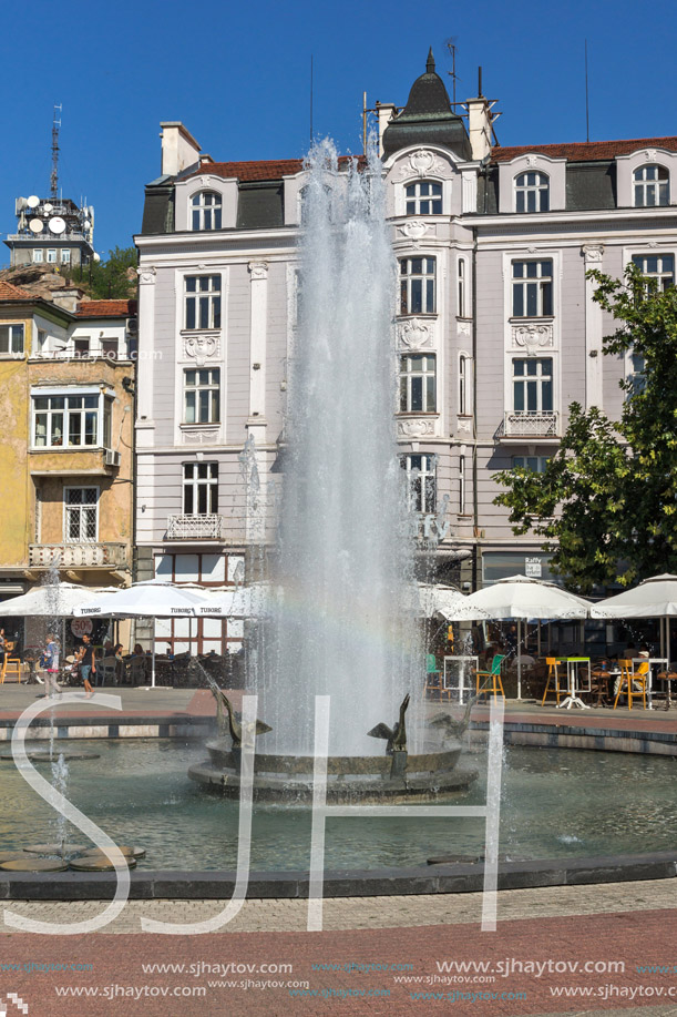 PLOVDIV, BULGARIA - SEPTEMBER 1, 2017:  Panoramic view of cental street and fountain in front of City hall in city of Plovdiv, Bulgaria