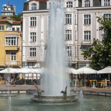 PLOVDIV, BULGARIA - SEPTEMBER 1, 2017:  Panoramic view of cental street and fountain in front of City hall in city of Plovdiv, Bulgaria