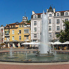 PLOVDIV, BULGARIA - SEPTEMBER 1, 2017:  Panoramic view of cental street and fountain in front of City hall in city of Plovdiv, Bulgaria