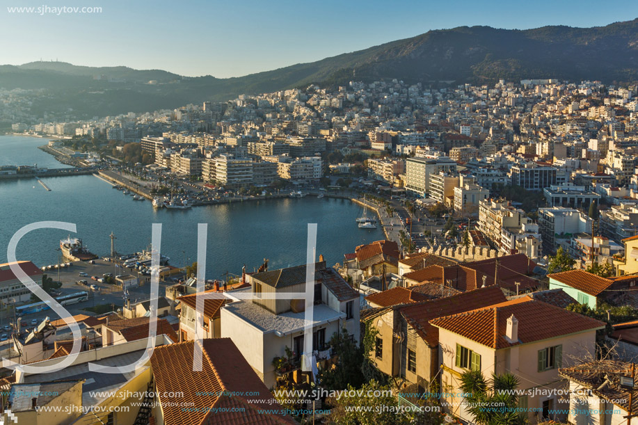 Sunset Panorama to city of Kavala, East Macedonia and Thrace, Greece