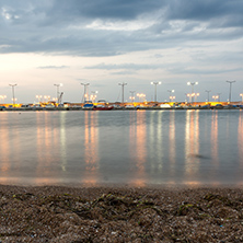 CHERNOMORETS, BULGARIA - AUGUST 15, 2017: Night seascape of port and beach of Chernomorets, Burgas region, Bulgaria