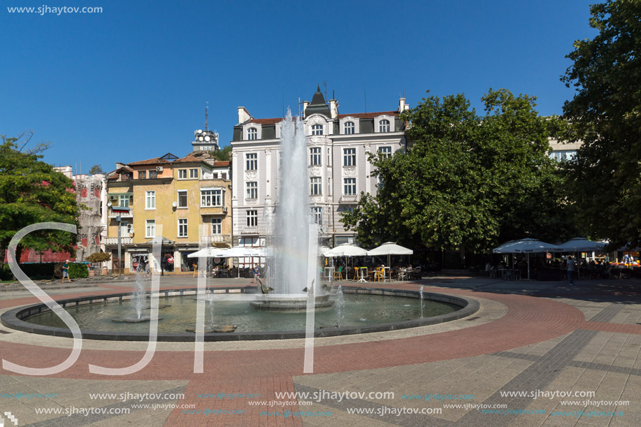 PLOVDIV, BULGARIA - SEPTEMBER 1, 2017:  Panoramic view of cental street and fountain in front of City hall in city of Plovdiv, Bulgaria