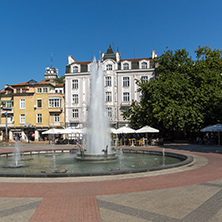 PLOVDIV, BULGARIA - SEPTEMBER 1, 2017:  Panoramic view of cental street and fountain in front of City hall in city of Plovdiv, Bulgaria