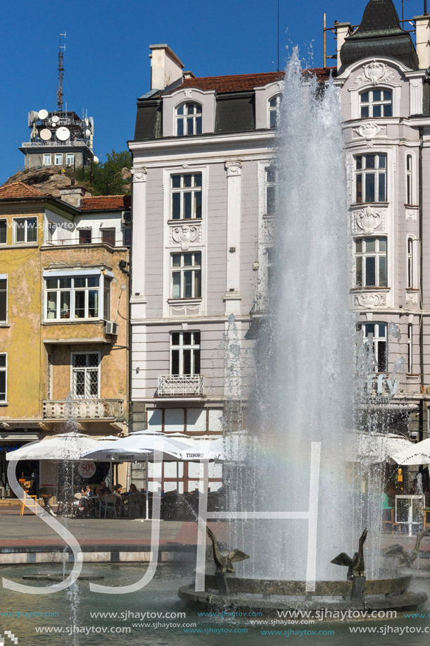 PLOVDIV, BULGARIA - SEPTEMBER 1, 2017:  Panoramic view of cental street and fountain in front of City hall in city of Plovdiv, Bulgaria