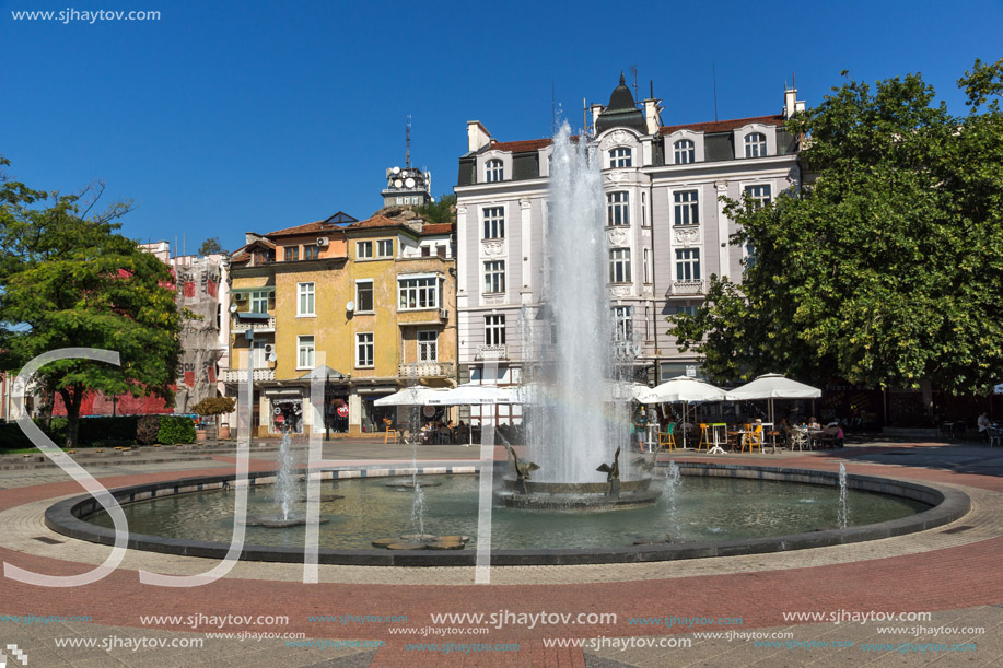 PLOVDIV, BULGARIA - SEPTEMBER 1, 2017:  Panoramic view of cental street and fountain in front of City hall in city of Plovdiv, Bulgaria
