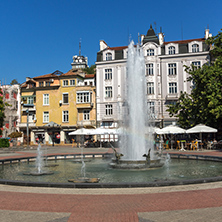 PLOVDIV, BULGARIA - SEPTEMBER 1, 2017:  Panoramic view of cental street and fountain in front of City hall in city of Plovdiv, Bulgaria