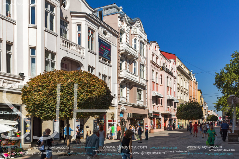 PLOVDIV, BULGARIA - SEPTEMBER 1, 2017:  Panorama of central street Knyaz Alexander I in city of Plovdiv, Bulgaria
