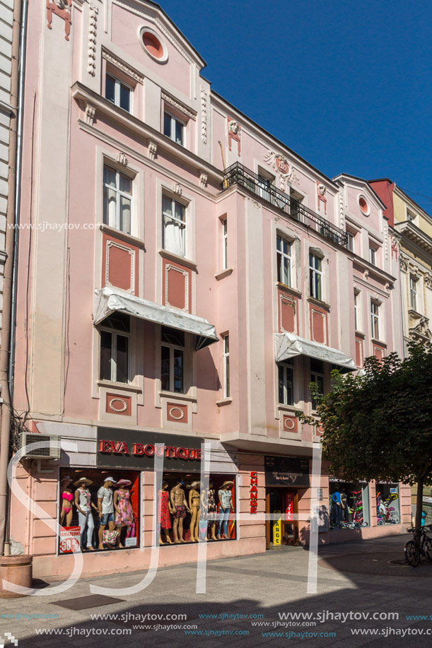 PLOVDIV, BULGARIA - SEPTEMBER 1, 2017:  Panorama of central street Knyaz Alexander I in city of Plovdiv, Bulgaria