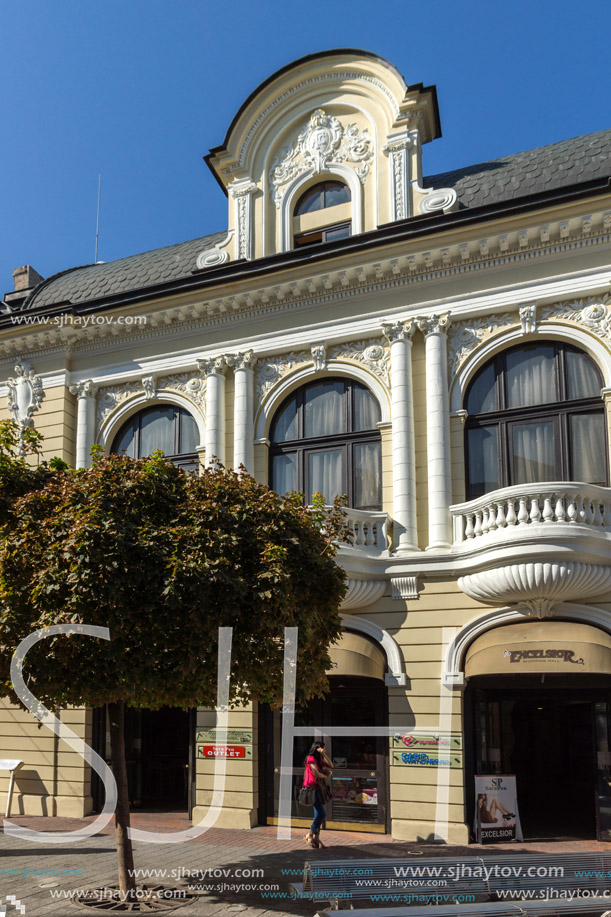 PLOVDIV, BULGARIA - SEPTEMBER 1, 2017:  Panorama of central street Knyaz Alexander I in city of Plovdiv, Bulgaria