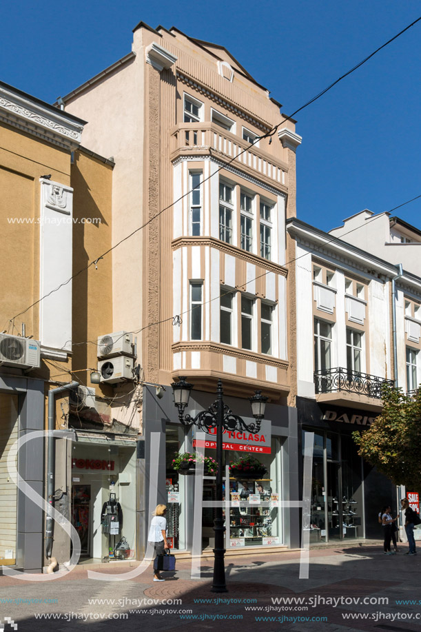 PLOVDIV, BULGARIA - SEPTEMBER 1, 2017:  Panorama of central street Knyaz Alexander I in city of Plovdiv, Bulgaria