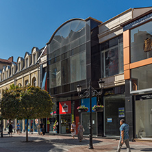 PLOVDIV, BULGARIA - SEPTEMBER 1, 2017:  Panorama of central street Knyaz Alexander I in city of Plovdiv, Bulgaria