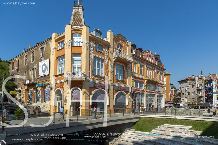 PLOVDIV, BULGARIA - SEPTEMBER 1, 2017:  Panorama of central street Knyaz Alexander I in city of Plovdiv, Bulgaria