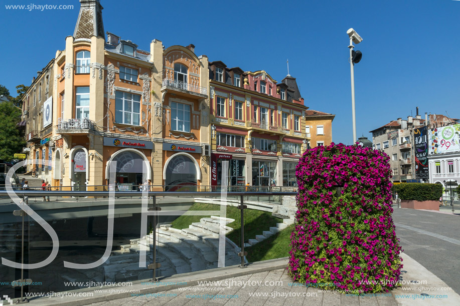 PLOVDIV, BULGARIA - SEPTEMBER 1, 2017:  Panorama of central street Knyaz Alexander I in city of Plovdiv, Bulgaria