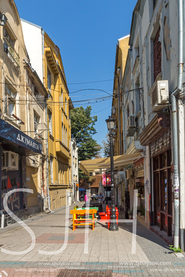 PLOVDIV, BULGARIA - SEPTEMBER 1, 2017:  Street in district Kapana, city of Plovdiv, Bulgaria