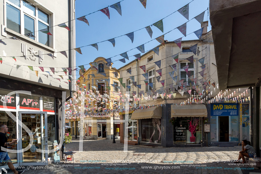 PLOVDIV, BULGARIA - SEPTEMBER 1, 2017:  Street in district Kapana, city of Plovdiv, Bulgaria