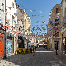 PLOVDIV, BULGARIA - SEPTEMBER 1, 2017:  Street in district Kapana, city of Plovdiv, Bulgaria
