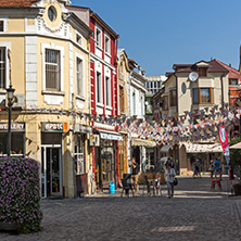 PLOVDIV, BULGARIA - SEPTEMBER 1, 2017:  Street in district Kapana, city of Plovdiv, Bulgaria