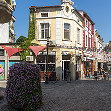 PLOVDIV, BULGARIA - SEPTEMBER 1, 2017:  Street in district Kapana, city of Plovdiv, Bulgaria