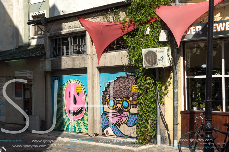 PLOVDIV, BULGARIA - SEPTEMBER 1, 2017:  Street in district Kapana, city of Plovdiv, Bulgaria