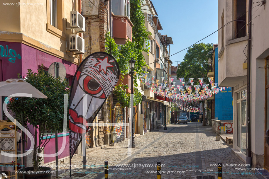PLOVDIV, BULGARIA - SEPTEMBER 1, 2017:  Street in district Kapana, city of Plovdiv, Bulgaria