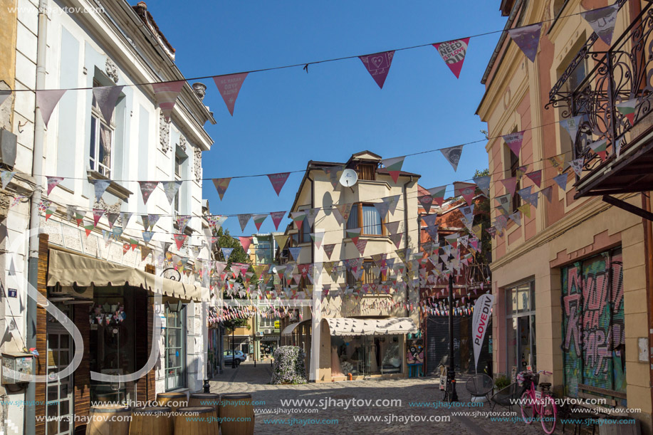 PLOVDIV, BULGARIA - SEPTEMBER 1, 2017:  Street in district Kapana, city of Plovdiv, Bulgaria