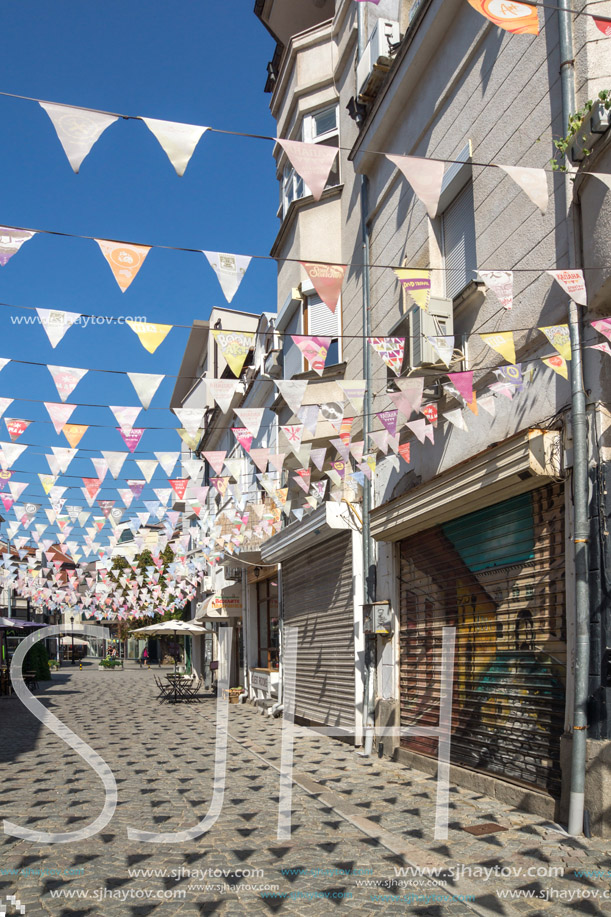 PLOVDIV, BULGARIA - SEPTEMBER 1, 2017:  Street in district Kapana, city of Plovdiv, Bulgaria