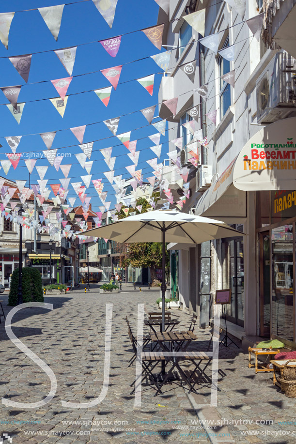 PLOVDIV, BULGARIA - SEPTEMBER 1, 2017:  Street in district Kapana, city of Plovdiv, Bulgaria