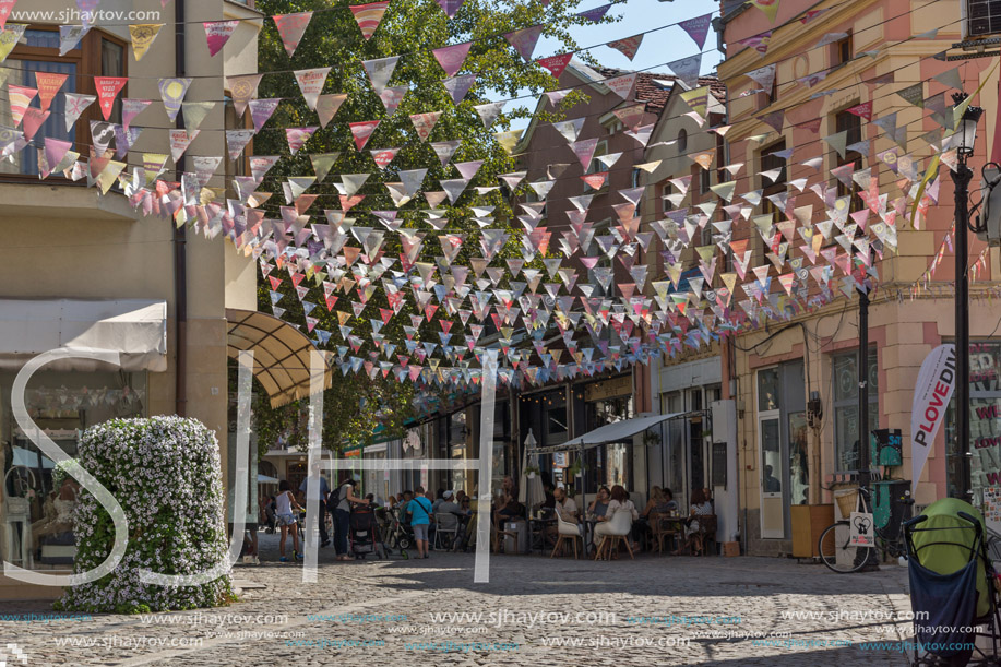 PLOVDIV, BULGARIA - SEPTEMBER 1, 2017:  Street in district Kapana, city of Plovdiv, Bulgaria